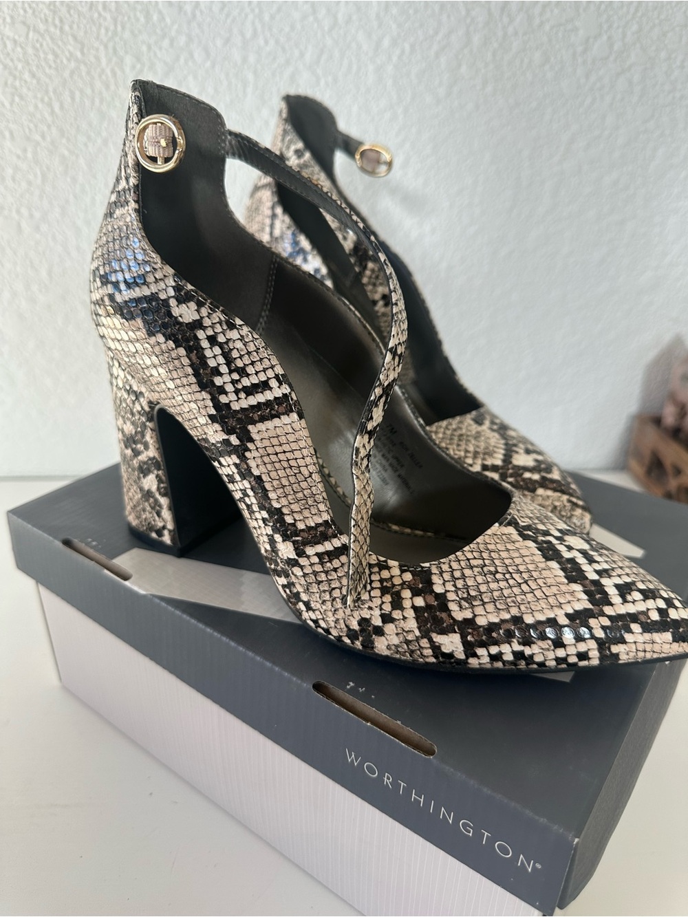 Worthington Snake-Print Block Heel Pumps in Neutral